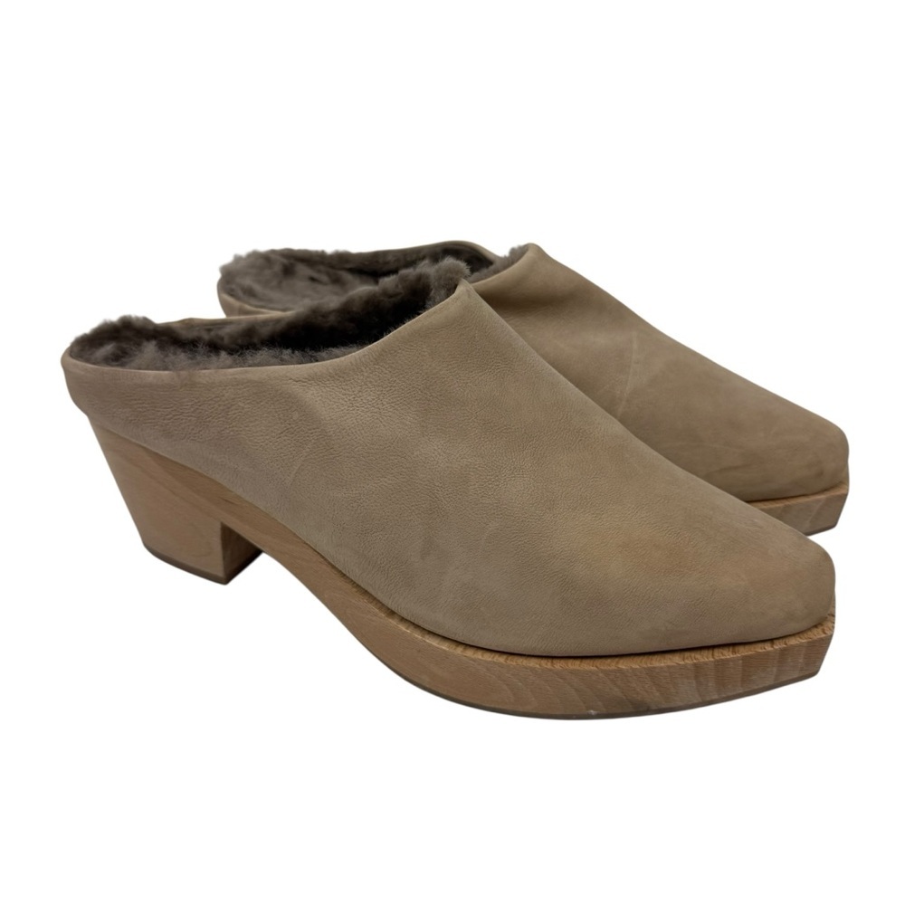 Coclico Kera Sherling Wool Lined Suede Tan Wooden Mule Clogs Like New Sz 8